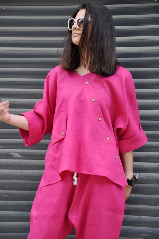 Fuschia Pink Cotton  Kimono Shirt & Wide Pant