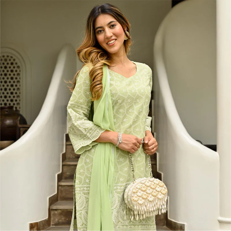 Pista Green Chikankari Embroidered  Kurta Pant & Dupatta