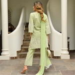 Pista Green Chikankari Embroidered  Kurta Pant & Dupatta