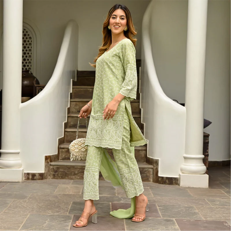 Pista Green Chikankari Embroidered  Kurta Pant & Dupatta