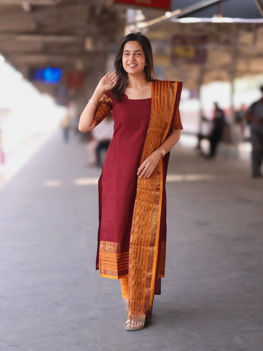 Maroon & Mustard Orange Kanchi Cotton Kurta Set