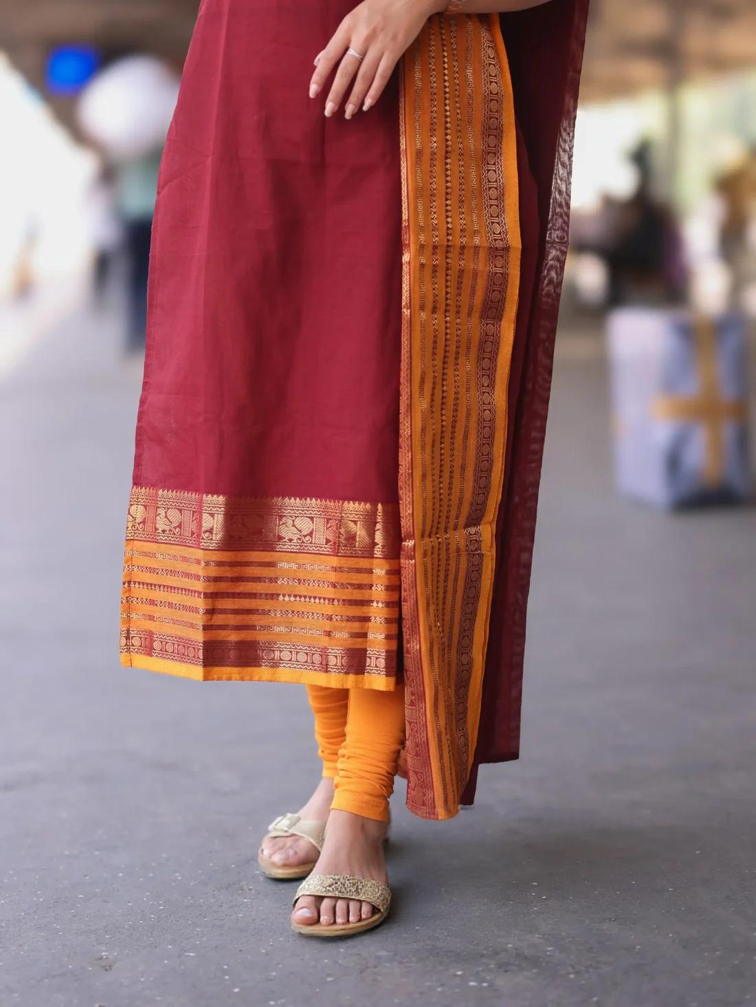 Maroon & Mustard Orange Kanchi Cotton Kurta Set