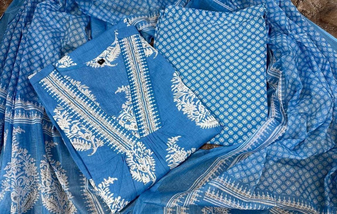 Cotton Hand Block Printed Kurta Pant & Dupatta Set