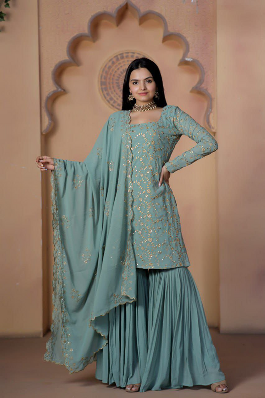 Georgette Embroidered Zari & Sequin Work Sharara Suit (2 Colors)