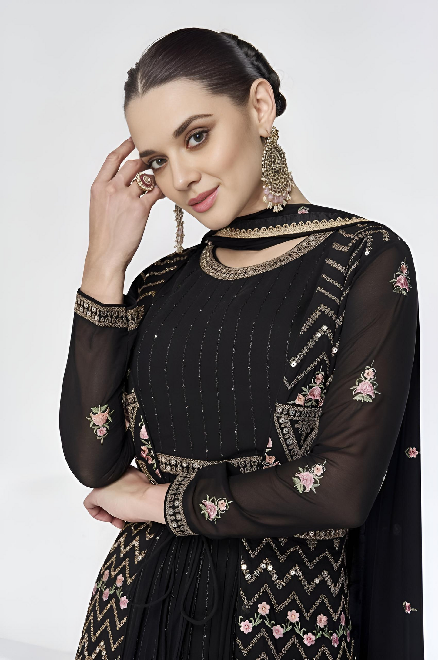 Black Georgette Embroidered Lace Work Festive Gown