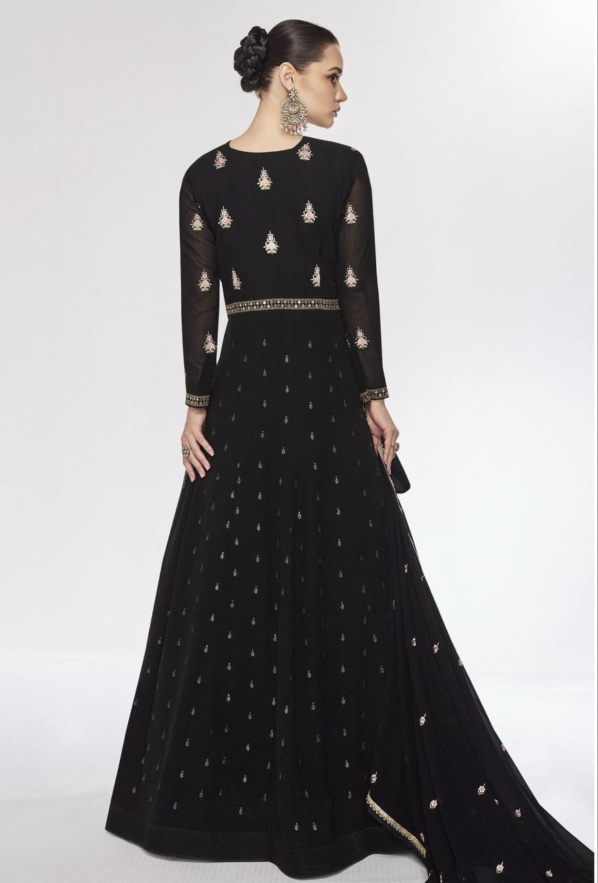 Black Georgette Embroidered Lace Work Festive Gown