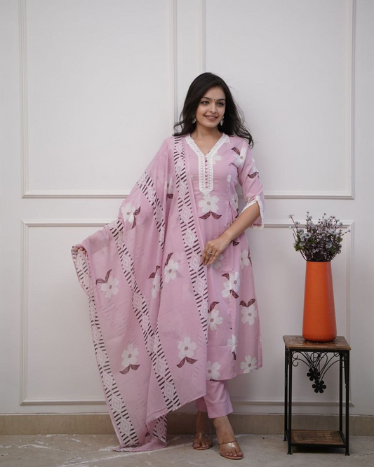 Pink Floral Printed Kurta Pant & Dupatta