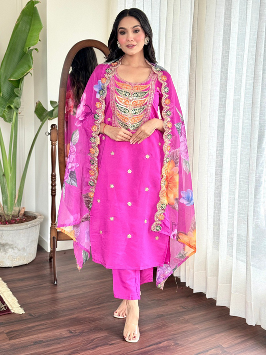 Pink Chanderi Silk Embroidered Kurta Pant & Dupatta