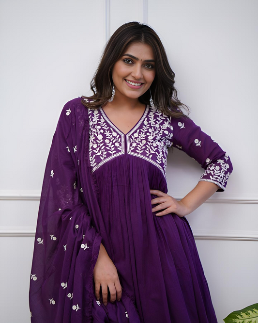 Purple Vichitra Silk Embroidered Kurta Pant & Dupatta Set