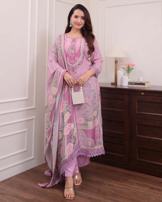 Lilac Muslin Printed Embroidered Pakistani Suit