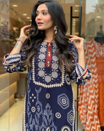 Navy Blue Diamond Silk Schiffli Hand Work & Thread Kodi With Latkan Kurta Set With Dupatta