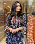 Navy Blue Diamond Silk Schiffli Hand Work & Thread Kodi With Latkan Kurta Set With Dupatta