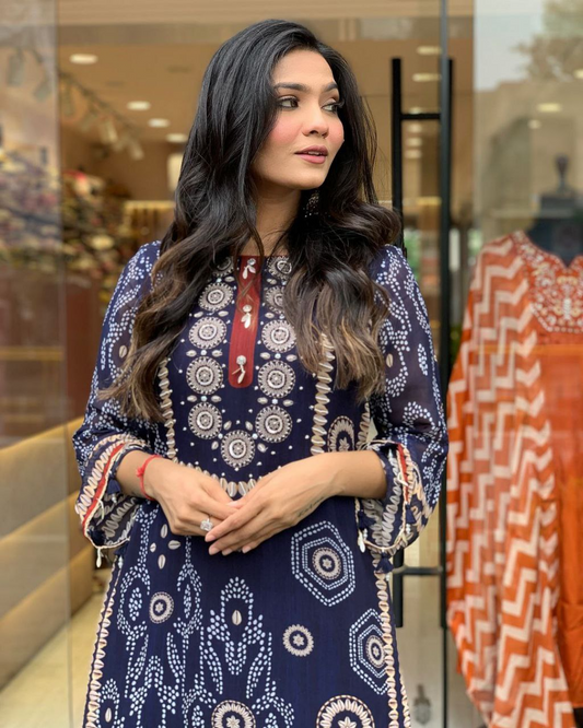 Navy Blue Diamond Silk Schiffli Hand Work & Thread Kodi With Latkan Kurta Set With Dupatta
