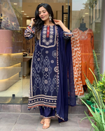 Navy Blue Diamond Silk Schiffli Hand Work & Thread Kodi With Latkan Kurta Set With Dupatta