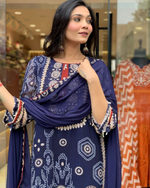 Navy Blue Diamond Silk Schiffli Hand Work & Thread Kodi With Latkan Kurta Set With Dupatta