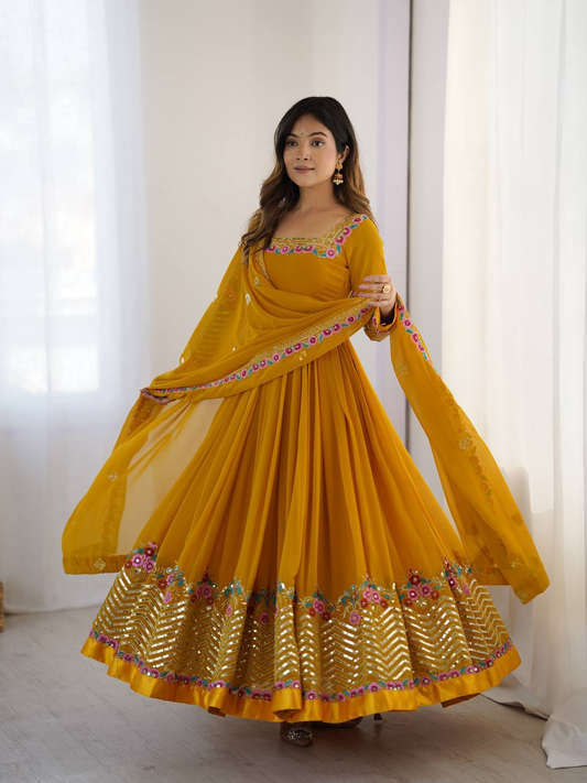 Mustard Georgette Embroidered Sequence Anarkali Suit