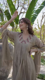 Beige Mul Chanderi A- Line Pleated Suit Set