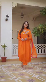 Orange Chinon Hand Work Embroideried Kurta Set