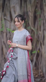 Grey Handloom A Line Kurti With Palazzo & Linen Dupatta