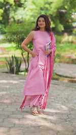 Pink Handloom A Line Kurti With Palazzo & Linen Dupatta