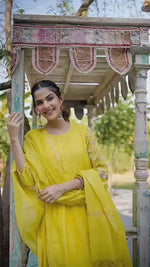Lime Yellow Mul Chanderi Embroidered Kurta Suit Set