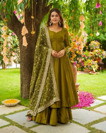 Henna Green Shimmery Festive Gown With Palazzo