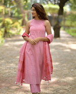 Pink Handloom A Line Kurti With Palazzo & Linen Dupatta