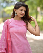 Pink Handloom A Line Kurti With Palazzo & Linen Dupatta