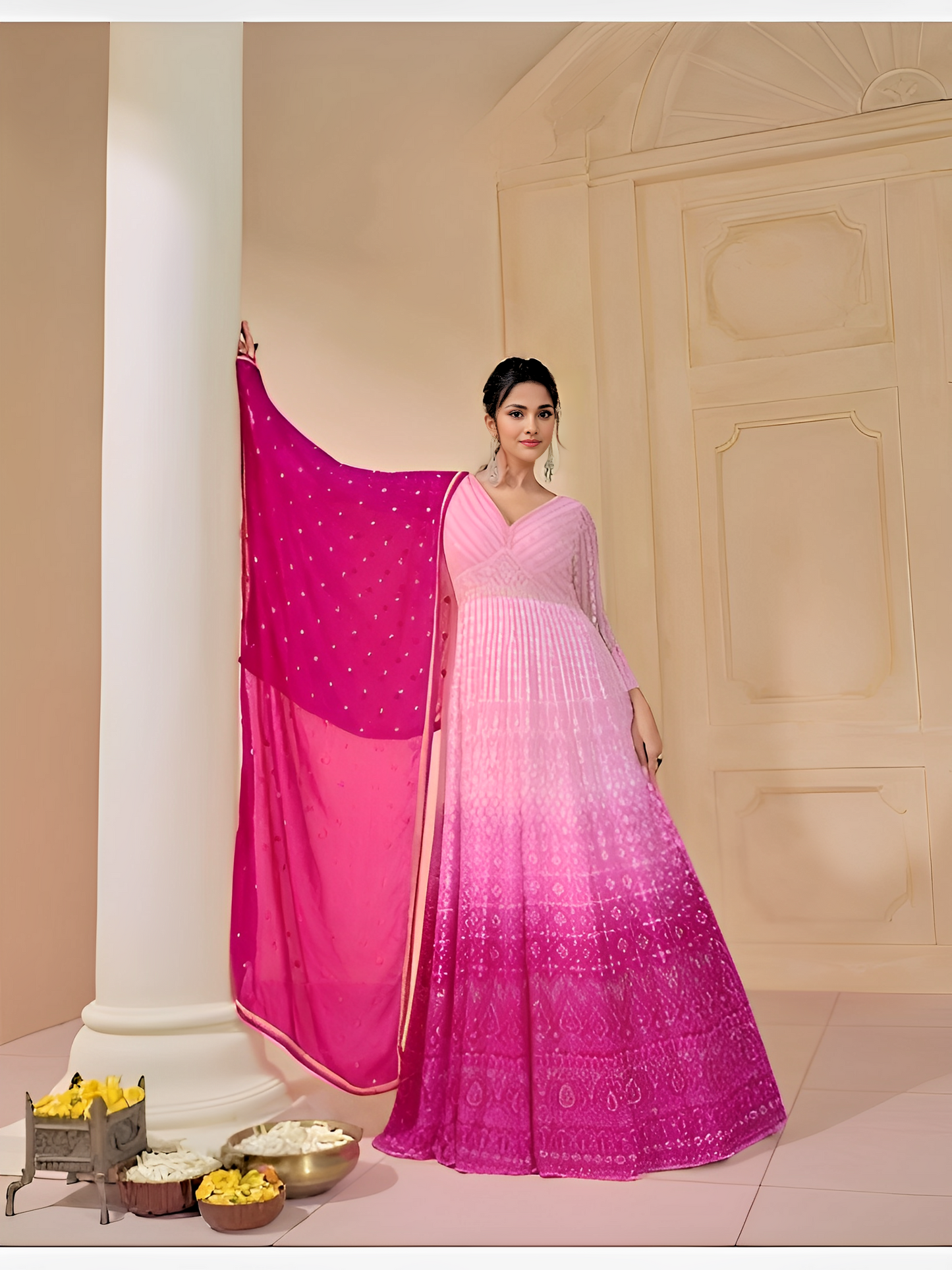 Pink Silhouette Georgette Embroidered Anarkali Gown With Dupatta