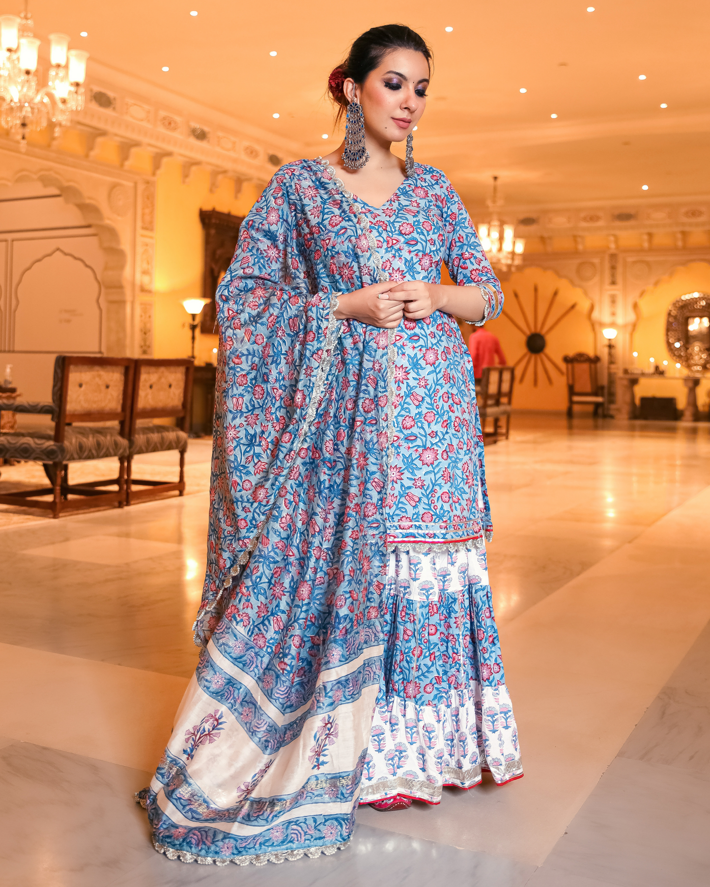 Sky Orchid Rayon Printed Sharara Suit